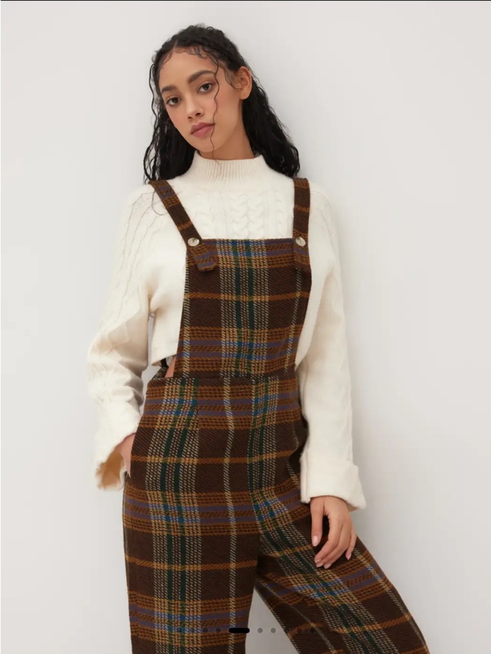 NWT Cider tweed brown blue plaid Fall women’s overalls jumpsuit L with pockets